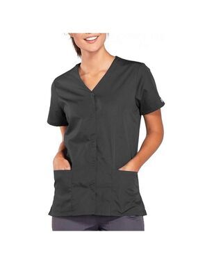 Cherokee Workwear Scrubs Snap Button Front V-Neck Short Sleeve Top